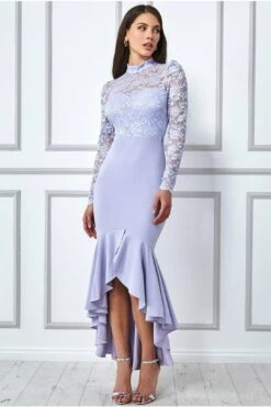 Goddiva Long Sleeved Fishtail Maxi With Open Back - Lavender