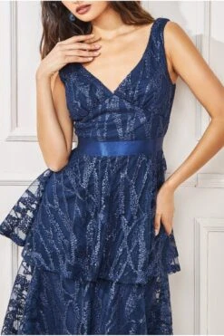 Goddiva Embroidered Mesh Tiered Midi Dress - Navy -Sarto Vibe Sales 0IlMie67 15227