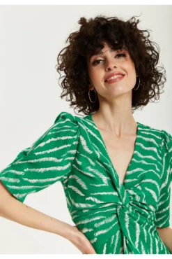 Liquorish Green Zebra Print Knot Front Midi Dress -Sarto Vibe Sales 0fseHR7B 15645