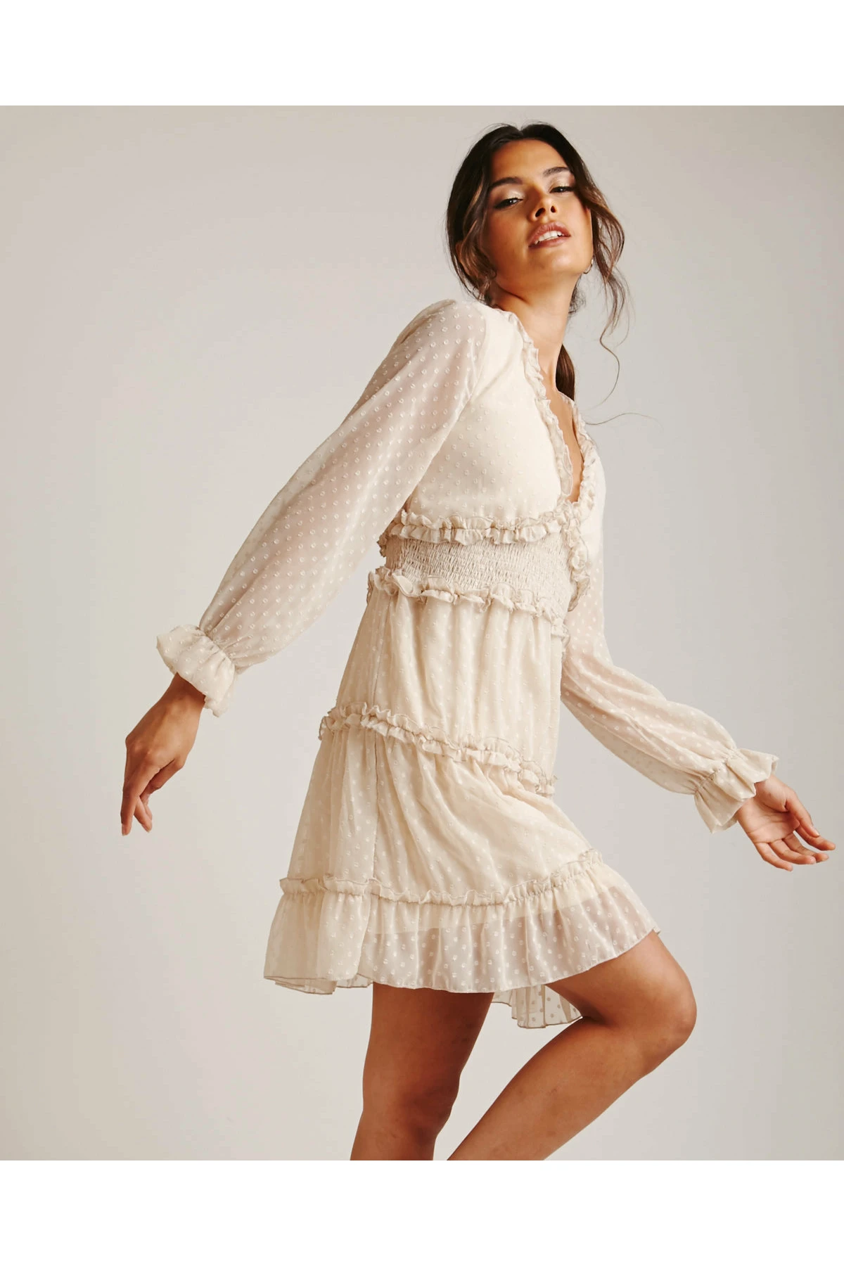 Dusty Pink Bobble Textured Frilled Mini Dress | Beige 2 Dusty Pink Bobble Textured Frilled Mini Dress | Beige - Image 2