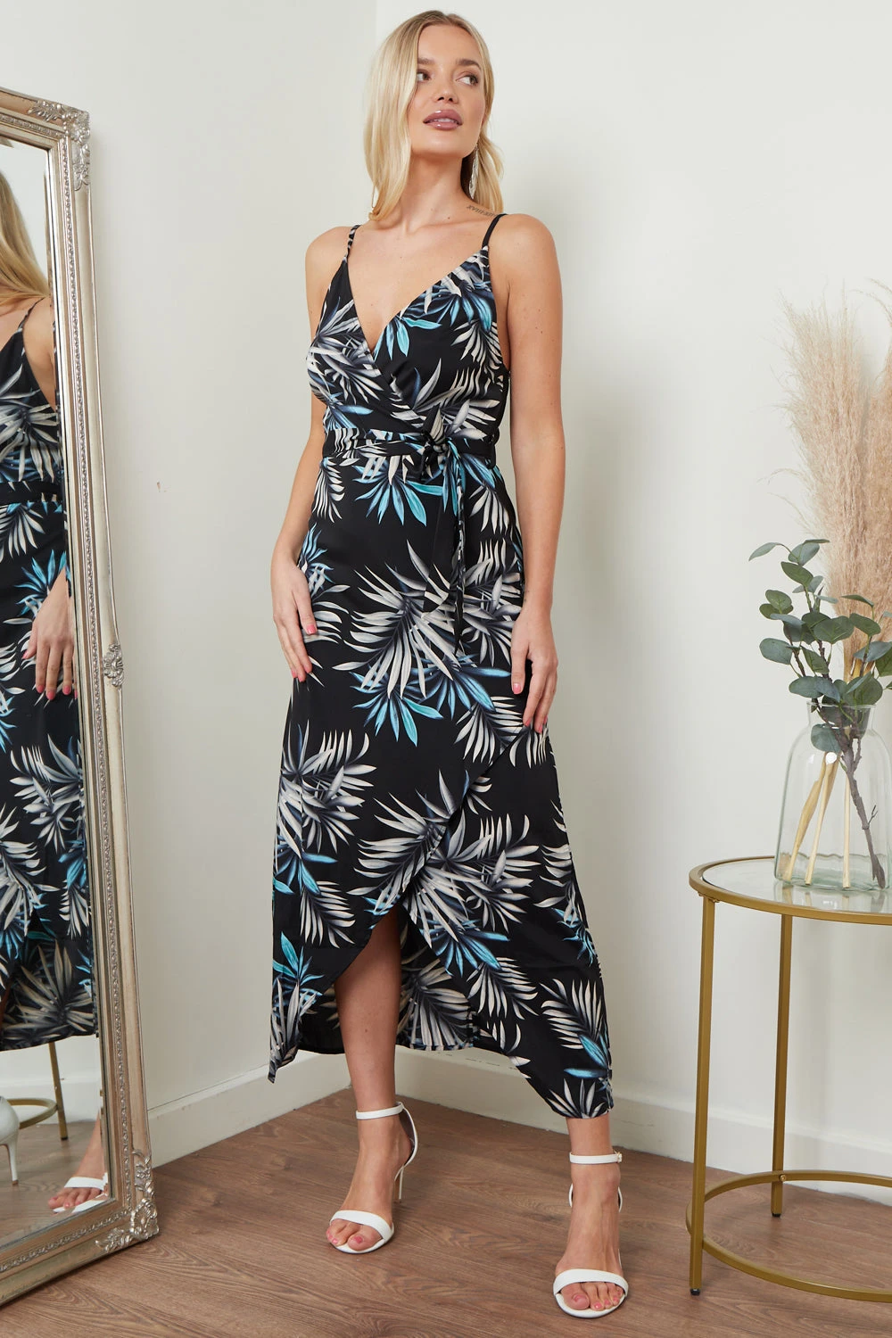 Lilura London Cami Wrap Midi Dress In Black Palm Print 1 Lilura London Cami Wrap Midi Dress In Black Palm Print