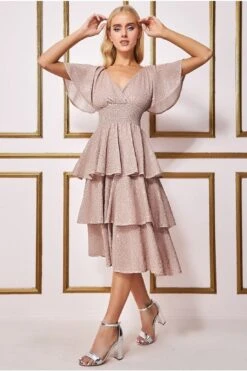 Goddiva Sequin Lurex Tiered Midi Dress - Champagne