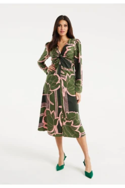 Liquorish Geometric Floral Knot Front Midi Dress