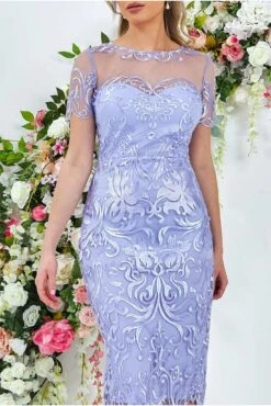 Goddiva Embroidered Mesh & Lace Midi Scalloped Hem - Lilac -Sarto Vibe Sales 7XVGHQgi 9171