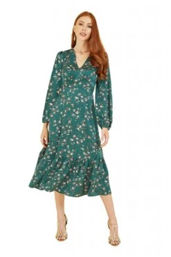 Yumi Green Pebble Print Long Sleeve Midi Dress
