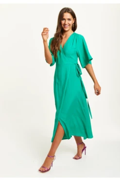 Liquorish Green Maxi Wrap Dress With Kimono Sleeves