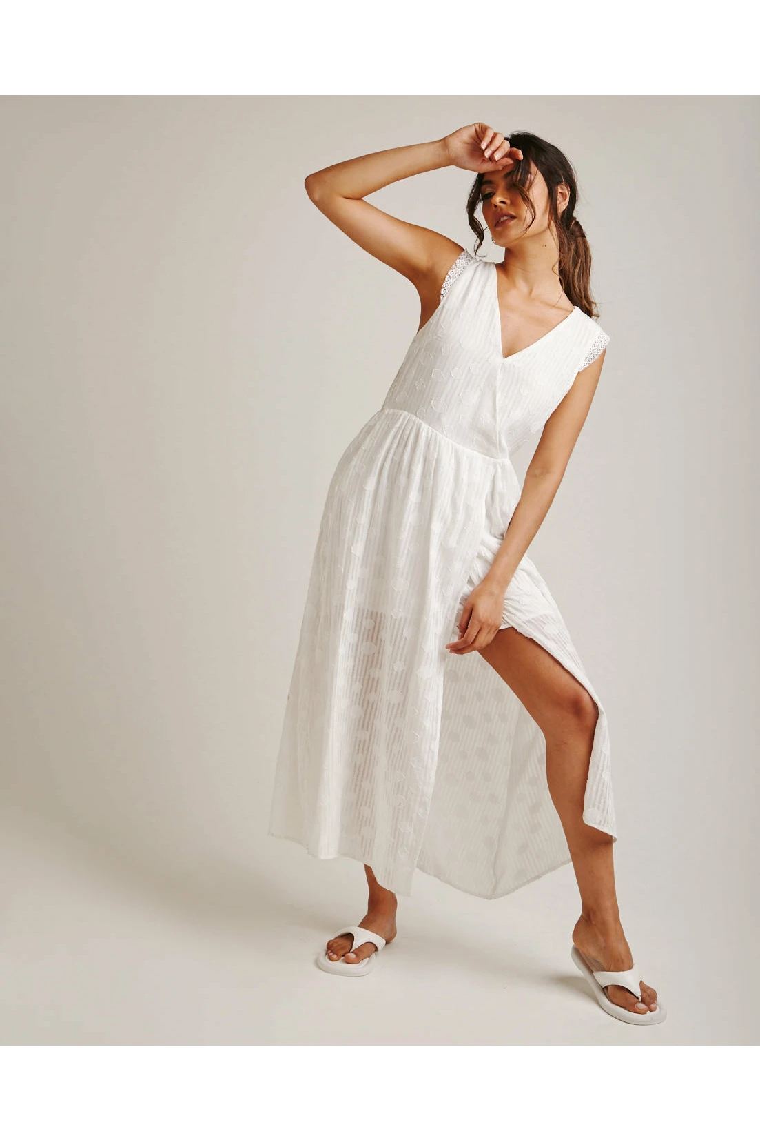 Dusty Pink Textured Broderie Hem Wrapped Dress | White 4 Dusty Pink Textured Broderie Hem Wrapped Dress | White - Image 4