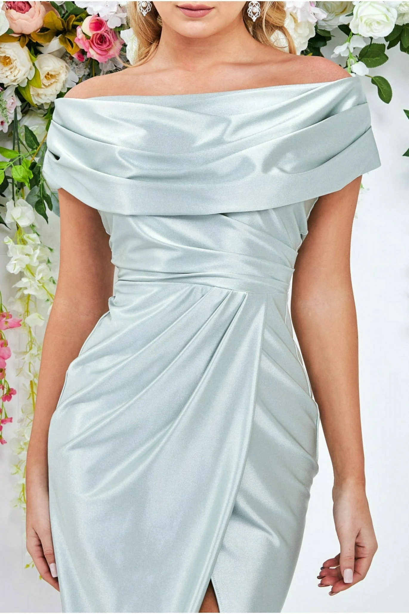 Goddiva Cowl Neck Bardot Satin Midi Front Split - Sage Green 3 Goddiva Cowl Neck Bardot Satin Midi Front Split - Sage Green - Image 3