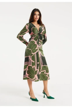 Liquorish Geometric Floral Knot Front Midi Dress -Sarto Vibe Sales AD5x8PJZ 14856