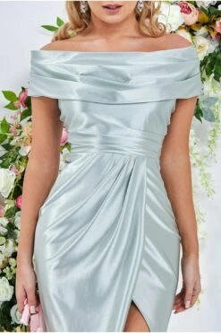 Goddiva Cowl Neck Bardot Satin Maxi Front Split - Sage Green 5 Goddiva Cowl Neck Bardot Satin Maxi Front Split - Sage Green -Sarto Vibe Sales AK6xa0nY 11404