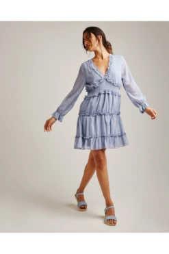 Dusty Pink Bobble Textured Frilled Mini Dress | Blue