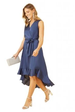 Mela London Navy Satin Dipped Hem Wrap Over Midi Dress -Sarto Vibe Sales BMqnJdum 14769