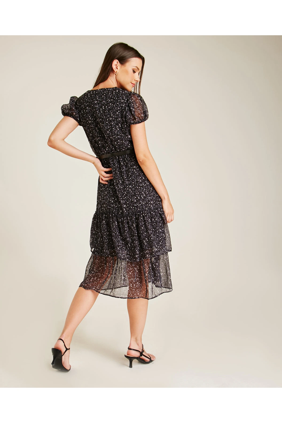 Dusty Pink Printed Tiered Belted Dress 3 Dusty Pink Printed Tiered Belted Dress - Image 3