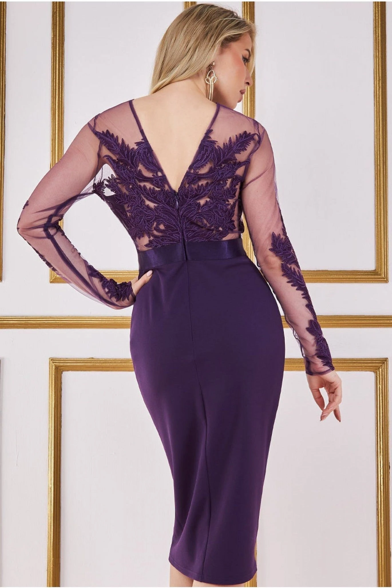 Goddiva Embroidered Mesh & Scuba Midi Dress - Purple 2 Goddiva Embroidered Mesh & Scuba Midi Dress - Purple - Image 2