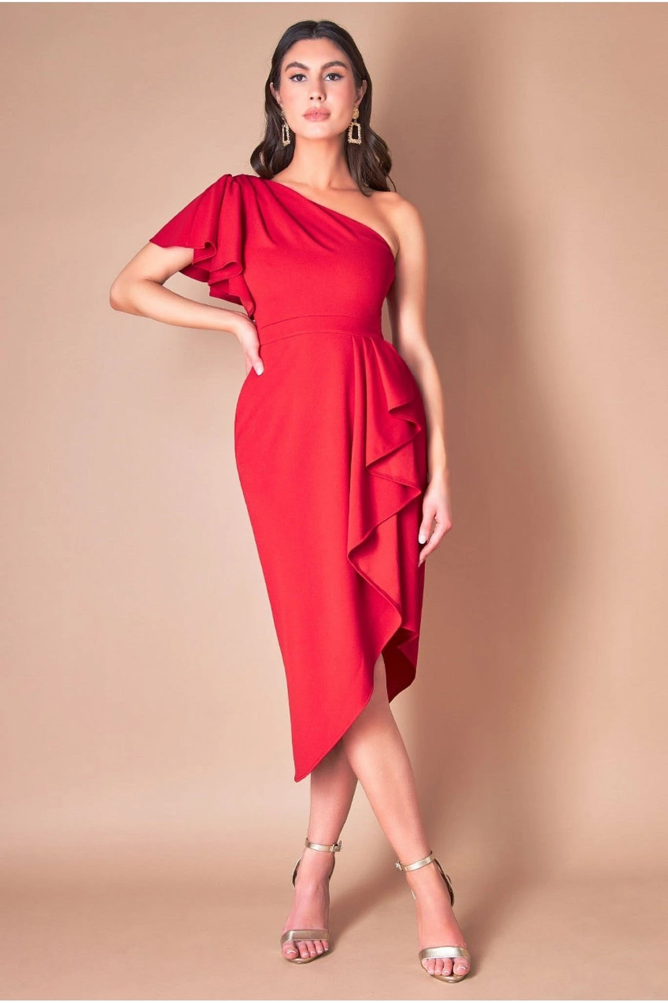 Goddiva Waterfall Sleeve Wrap Midi Dress - Red 1 Goddiva Waterfall Sleeve Wrap Midi Dress - Red