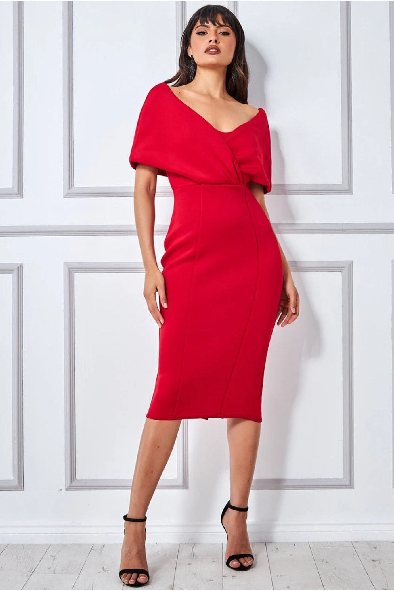 Goddiva Off The Shoulder Scuba Foam Midi Dress - Red 3 Goddiva Off The Shoulder Scuba Foam Midi Dress - Red - Image 3