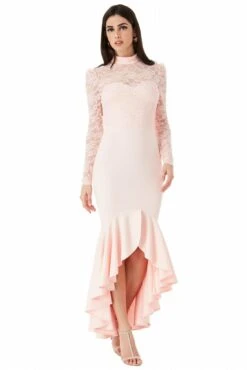 Goddiva Long Sleeved Fishtail Maxi With Open Back - Rose
