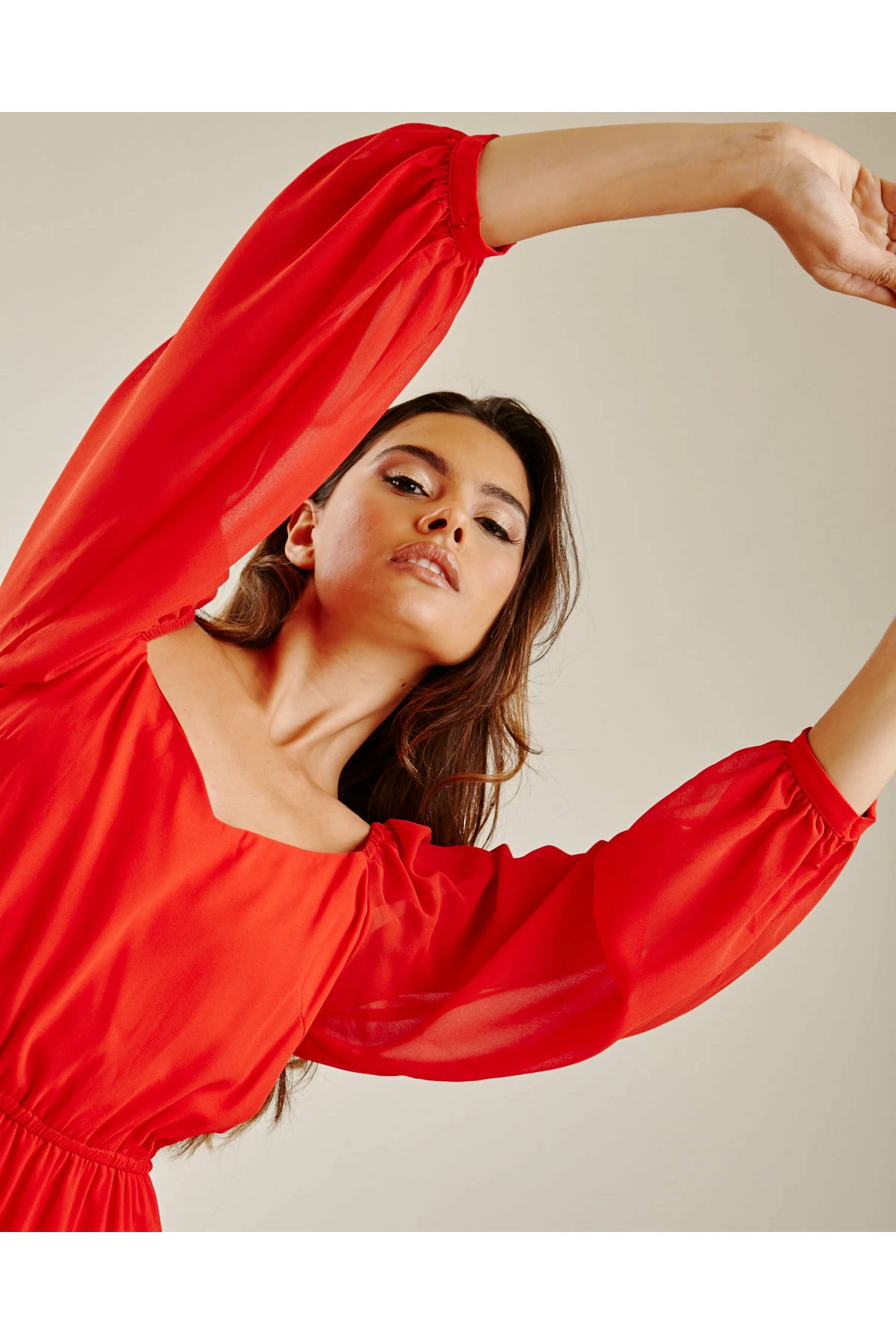 Dusty Pink Balloon Sleeve Midi Dress | Red 4 Dusty Pink Balloon Sleeve Midi Dress | Red - Image 4