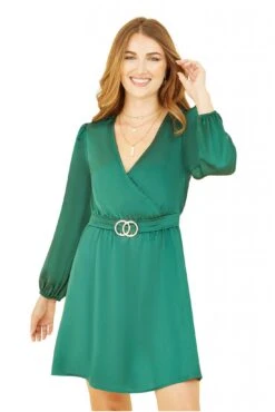 Mela London Green Satin Wrap Dress With Long Sleeves -Sarto Vibe Sales FxhuxRQu 14770