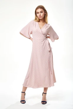 Liquorish Polka Dot Midi Wrap Dress In Light Pink