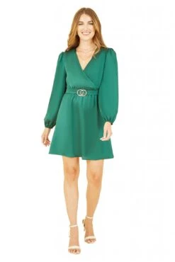 Mela London Green Satin Wrap Dress With Long Sleeves