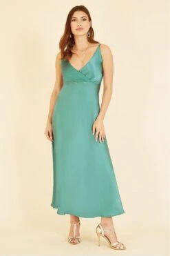Yumi Green Satin Strappy Wrap Dress