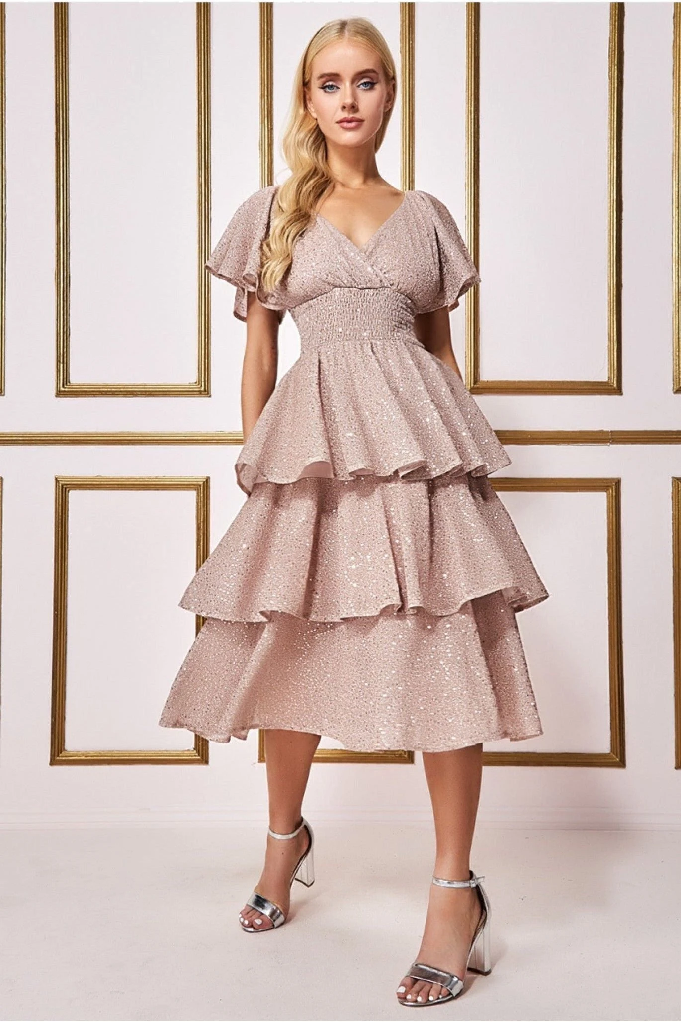 Goddiva Sequin Lurex Tiered Midi Dress - Champagne 3 Goddiva Sequin Lurex Tiered Midi Dress - Champagne - Image 3