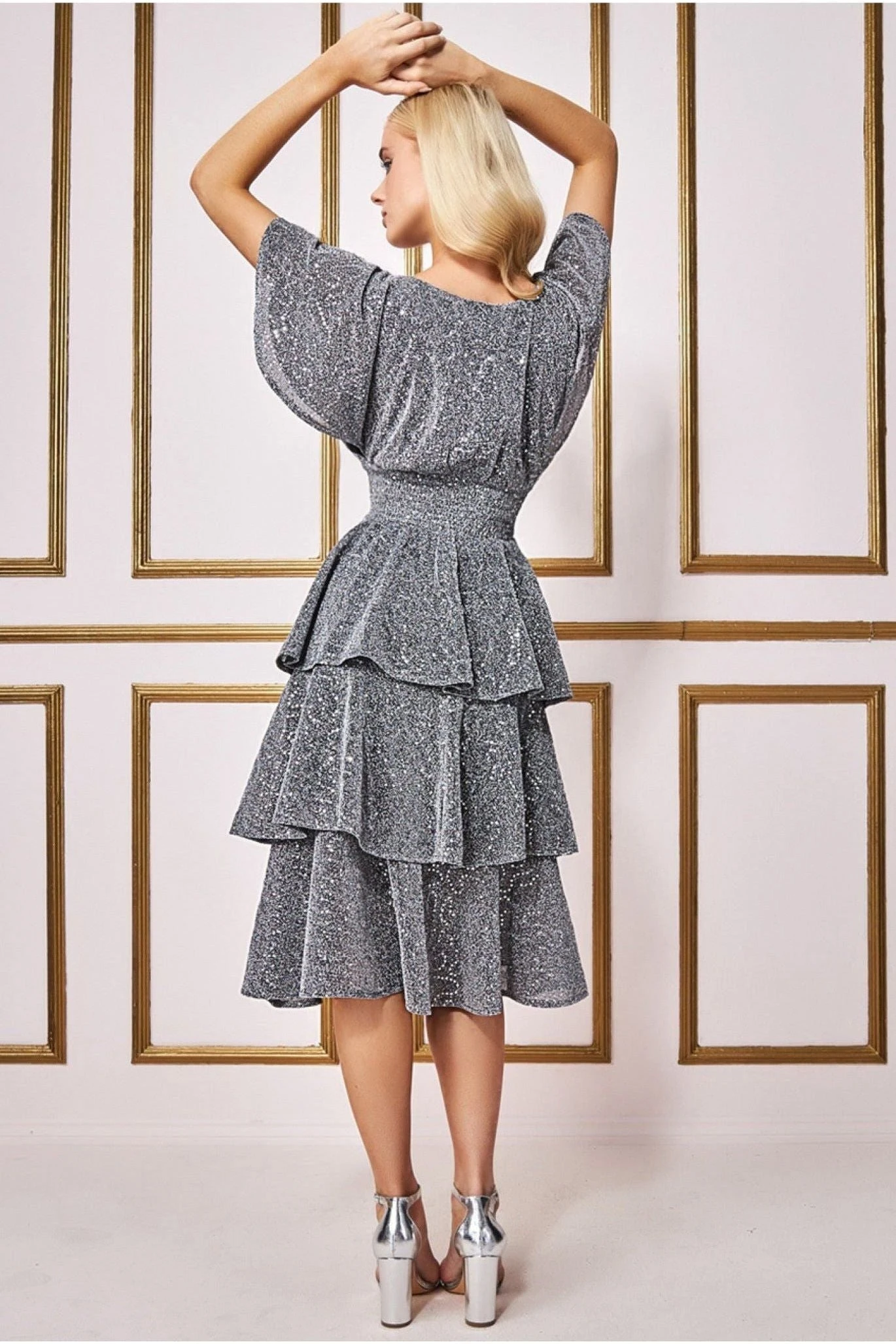 Goddiva Sequin Lurex Tiered Midi Dress - Silver 2 Goddiva Sequin Lurex Tiered Midi Dress - Silver - Image 2