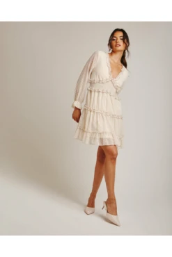 Dusty Pink Bobble Textured Frilled Mini Dress | Beige