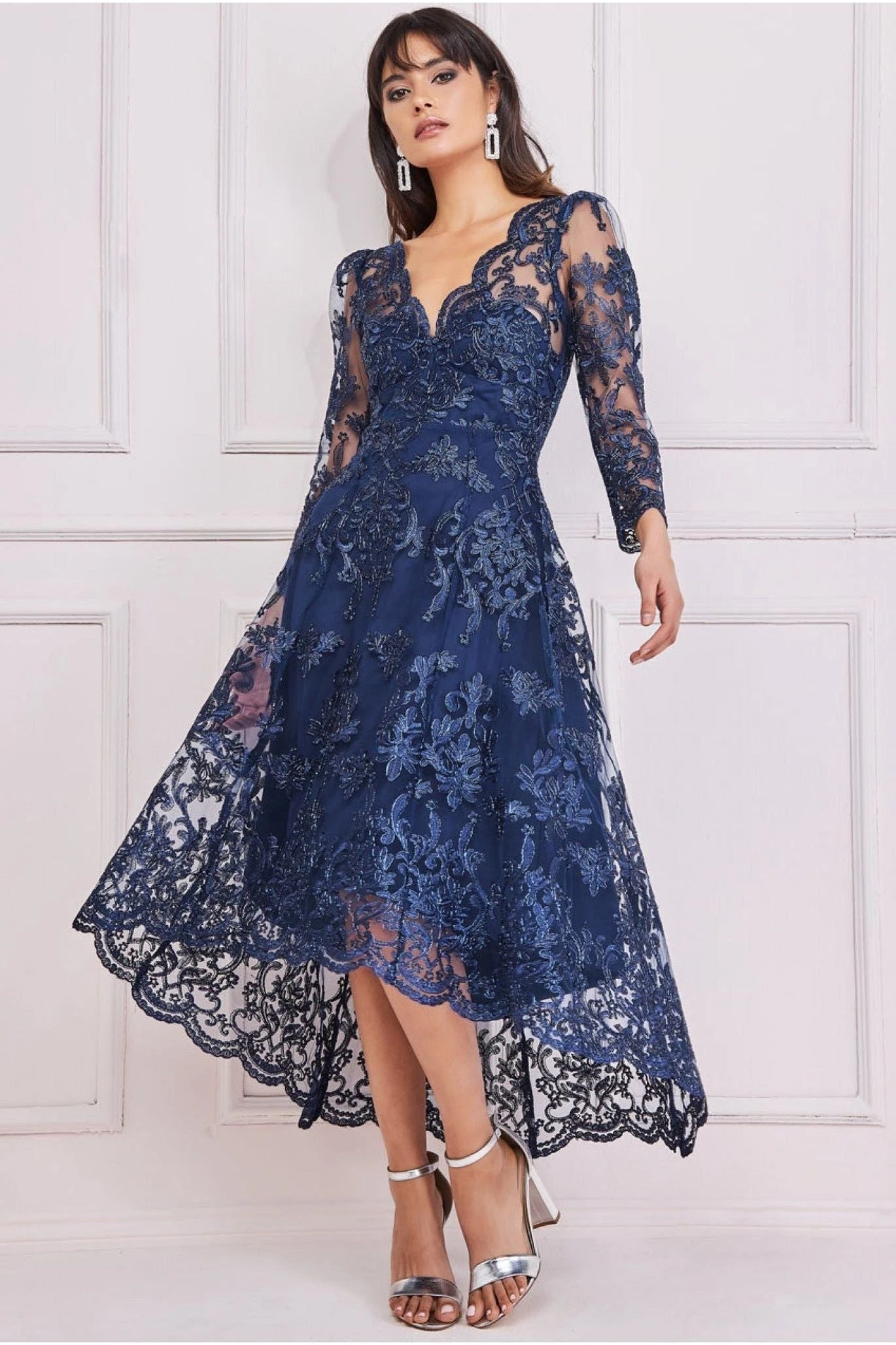 Goddiva Scalloped Lace Dipped Hem Midi Dress - Navy 1 Goddiva Scalloped Lace Dipped Hem Midi Dress - Navy