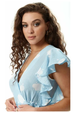 Liquorish Cloud Print Midi Wrap Dress With Frill Sleeve Blue -Sarto Vibe Sales OCopZFyp 10038