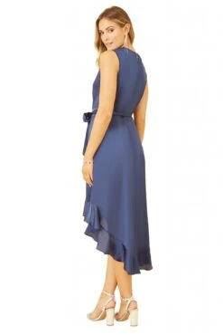 Mela London Navy Satin Dipped Hem Wrap Over Midi Dress -Sarto Vibe Sales Q78ISahI 14769