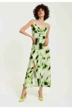 Liquorish Green And Black Abstract Print Cowl Neck Midi