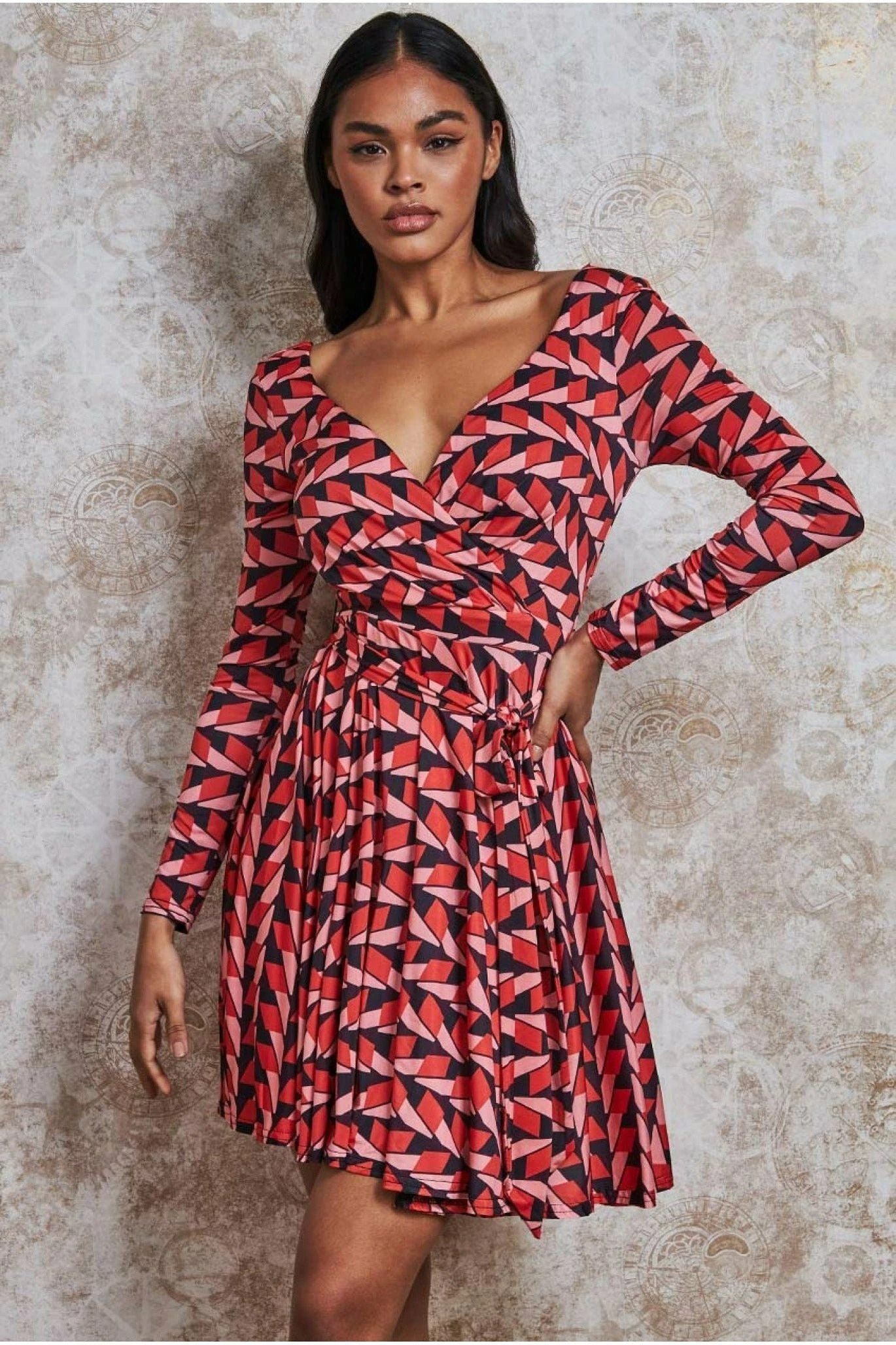 Goddiva Wrap Style Mini Dress - Geoprint 1 Goddiva Wrap Style Mini Dress - Geoprint