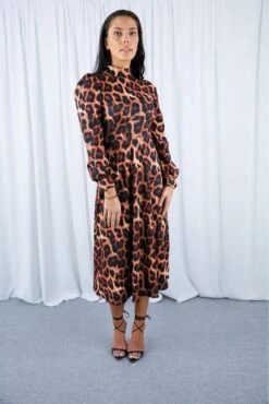 Signage Brown Leopard Print Long Sleeve Turtle Neck Midi