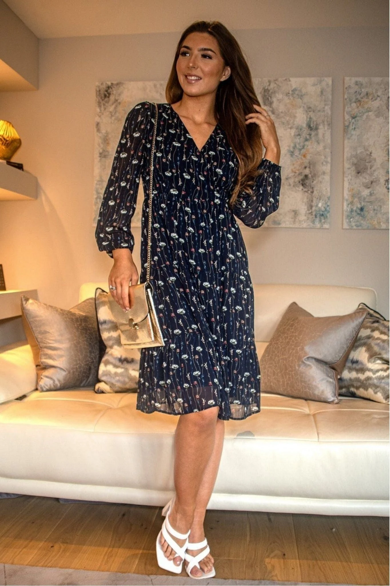 Double Second Navy Printed Long Sleeve Tiered Wrap Dress 2 Double Second Navy Printed Long Sleeve Tiered Wrap Dress - Image 2
