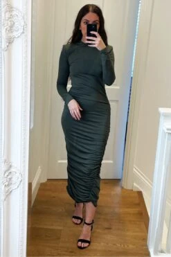 Signage Khaki Slinky Shoulder Pad Ruched Long Sleeve Midaxi