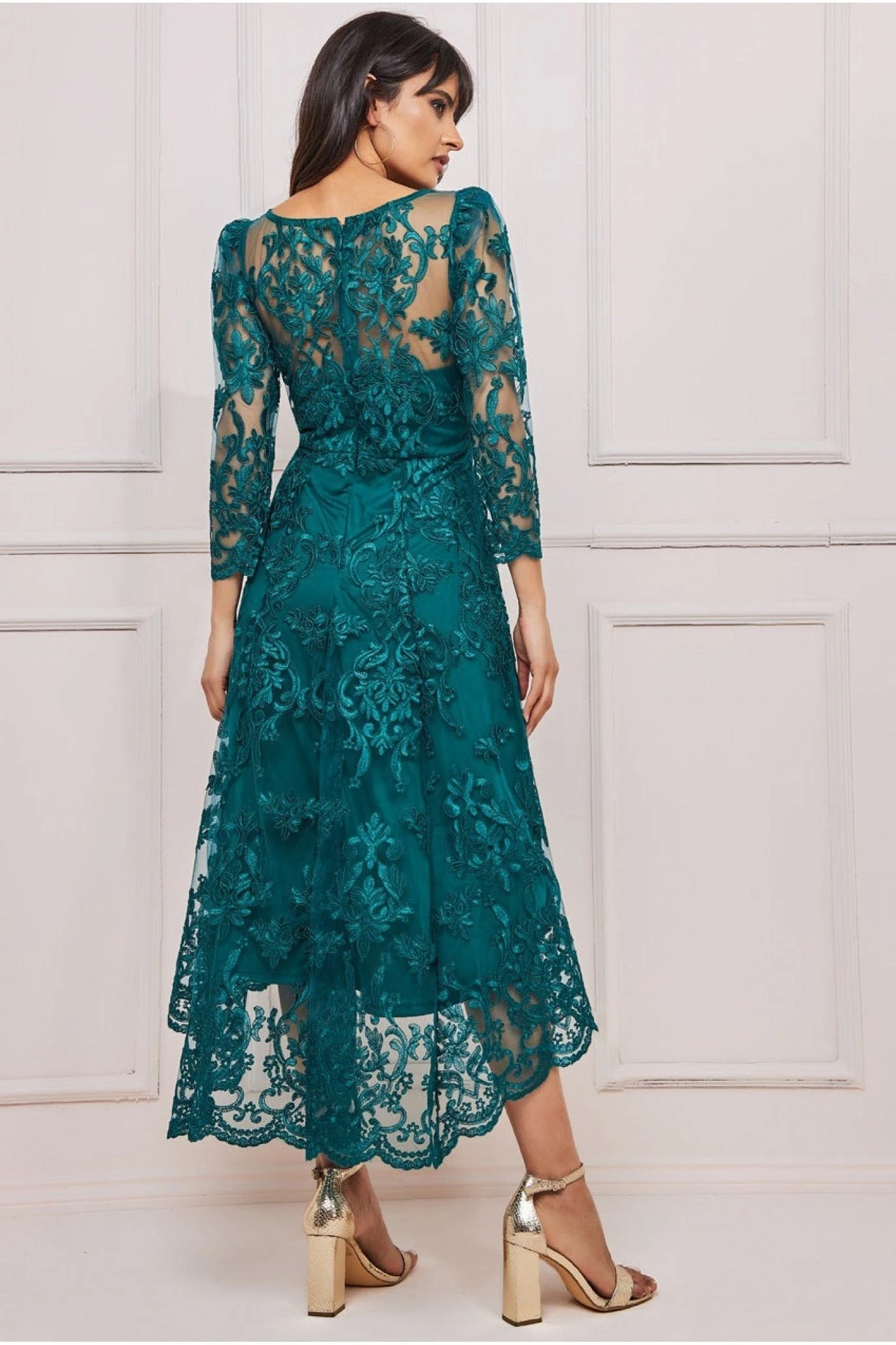 Goddiva Scalloped Lace Dipped Hem Midi Dress - Emerald 2 Goddiva Scalloped Lace Dipped Hem Midi Dress - Emerald - Image 2