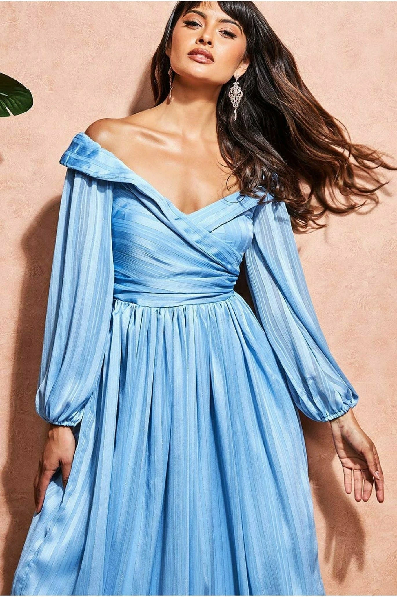 Goddiva Off The Shoulder Wrap Maxi Dress - Powder Blue 3 Goddiva Off The Shoulder Wrap Maxi Dress - Powder Blue - Image 3
