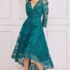 Goddiva Scalloped Lace Dipped Hem Midi Dress - Emerald