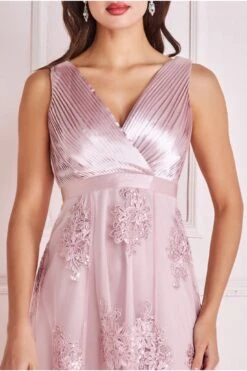 Goddiva Pleated Satin V Neck High And Low Midi - Pink -Sarto Vibe Sales VmH1YDEI 15742