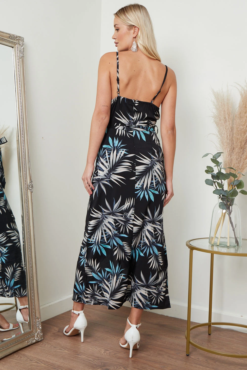 Lilura London Cami Wrap Midi Dress In Black Palm Print 2 Lilura London Cami Wrap Midi Dress In Black Palm Print - Image 2
