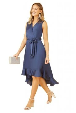 Mela London Navy Satin Dipped Hem Wrap Over Midi Dress -Sarto Vibe Sales WB2RL9s6 14769
