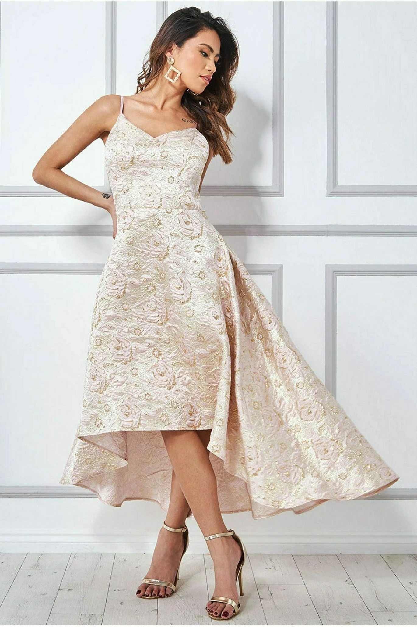 Goddiva Jacquard High Low Midi Dress - Blush 1 Goddiva Jacquard High Low Midi Dress - Blush