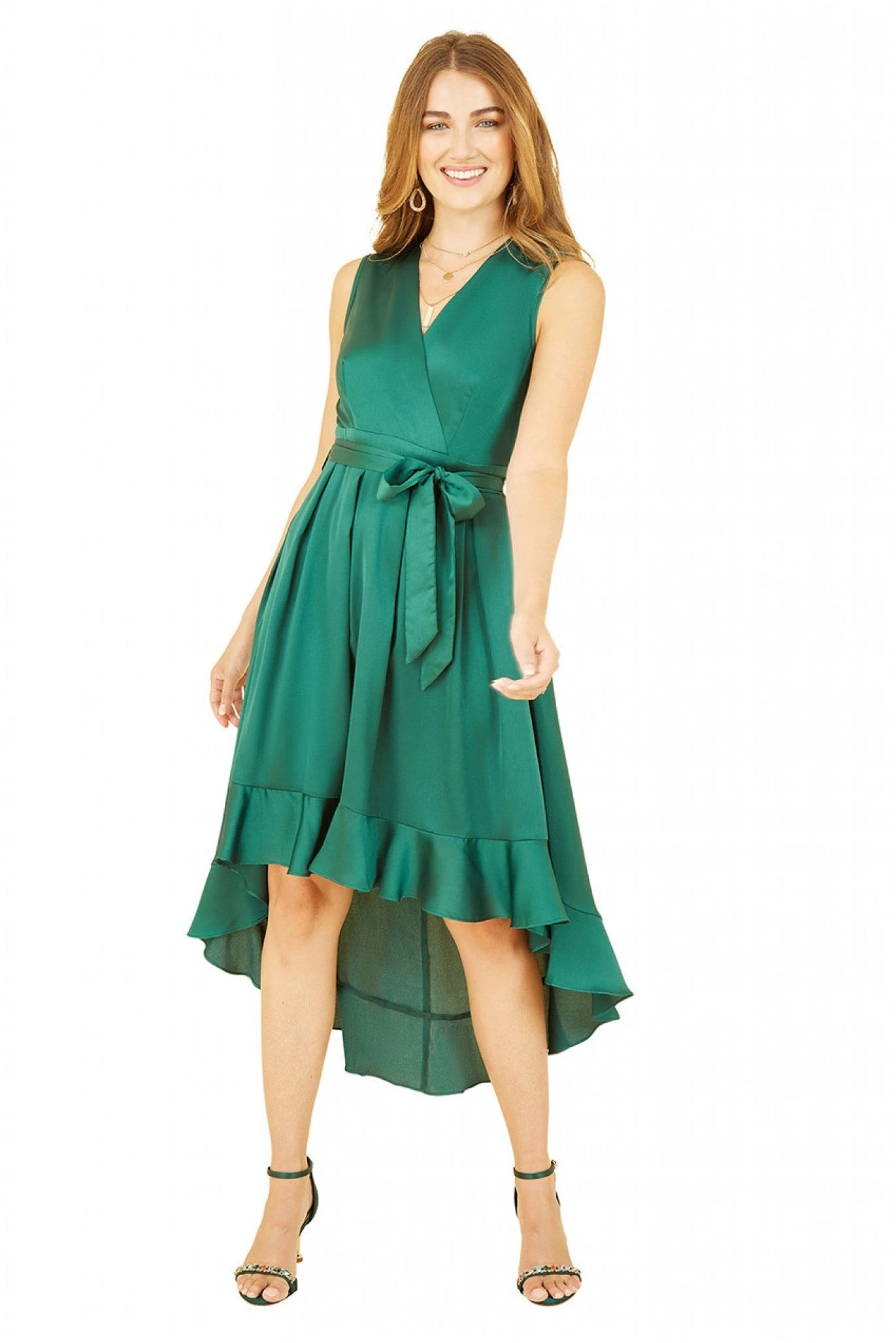 Mela London Green Satin Dipped Hem Wrap Over Midi Dress 1 Mela London Green Satin Dipped Hem Wrap Over Midi Dress