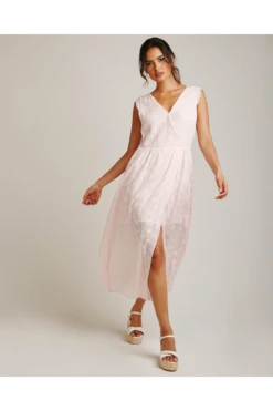Dusty Pink Textured Broderie Hem Wrapped Dress | Pink