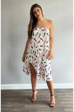 Yan Neo London Demi Lipstick Print Pleated Asymmetric Dress