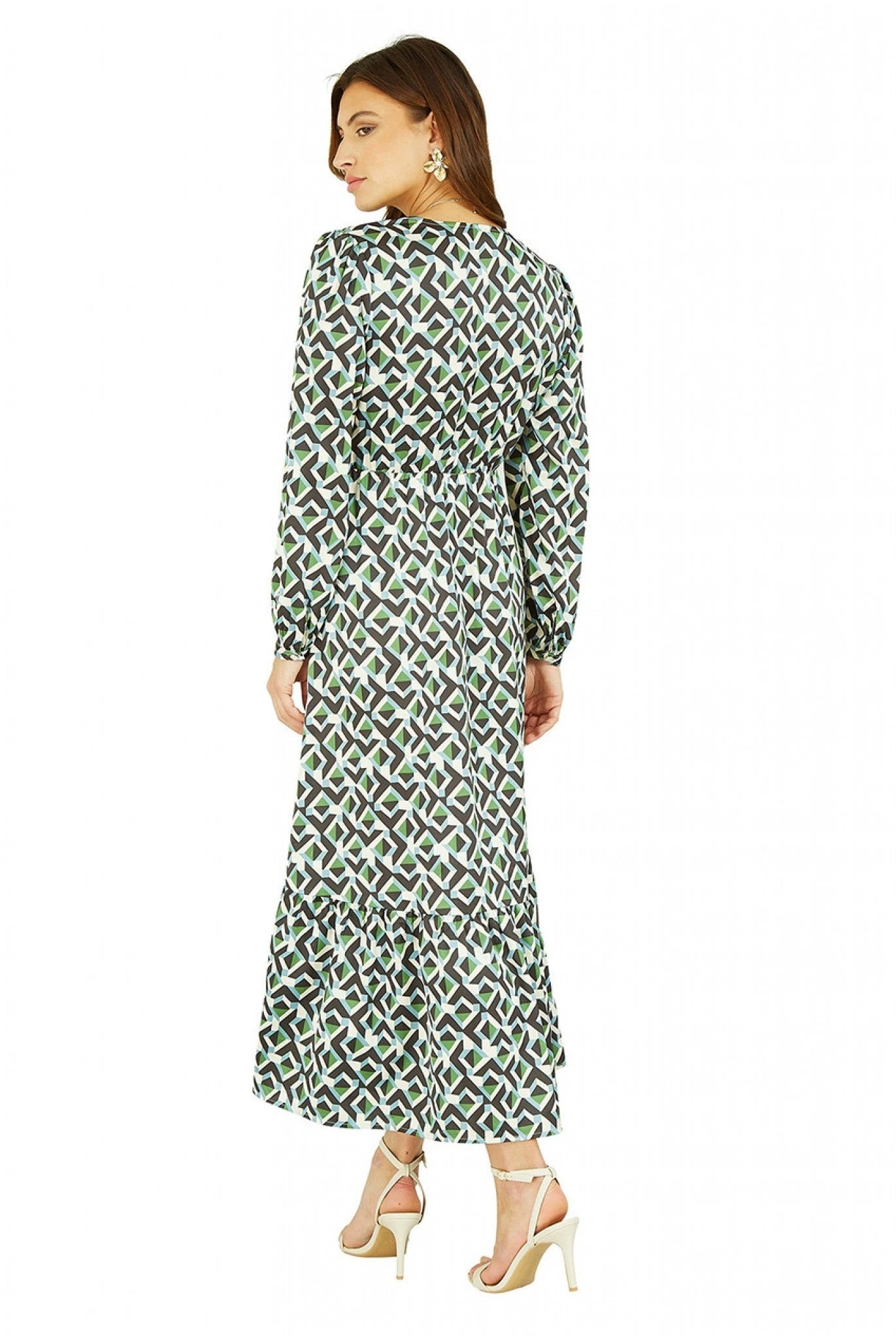 Yumi Green Geo Print Wrap Satin Midi Dress 4 Yumi Green Geo Print Wrap Satin Midi Dress - Image 4