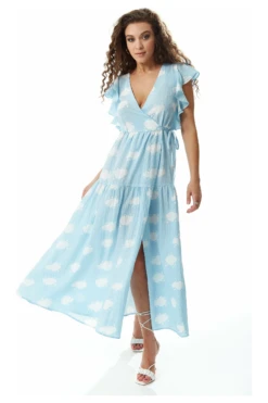 Liquorish Cloud Print Midi Wrap Dress With Frill Sleeve Blue -Sarto Vibe Sales am3RfIkX 10038