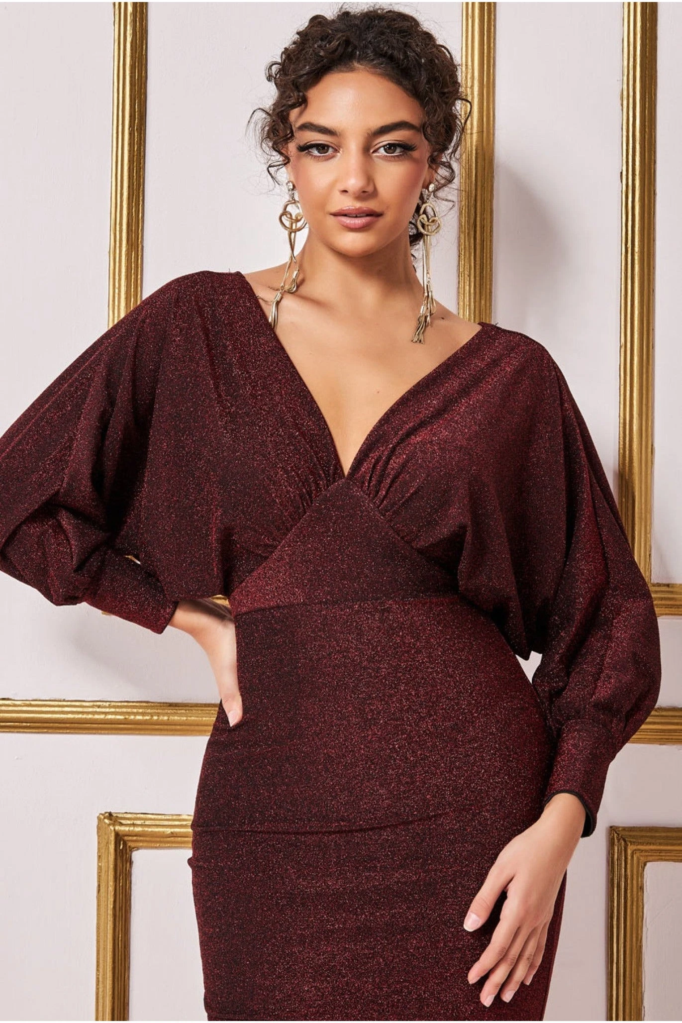 Goddiva Kimono Sleeve Lurex Midi Dress - Red 4 Goddiva Kimono Sleeve Lurex Midi Dress - Red - Image 4